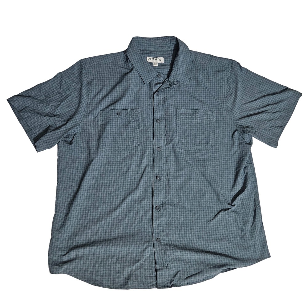Orvis Mens XXL Short Sleeve Button Down Plaid Shirt Blue Gray Polyester Pockets